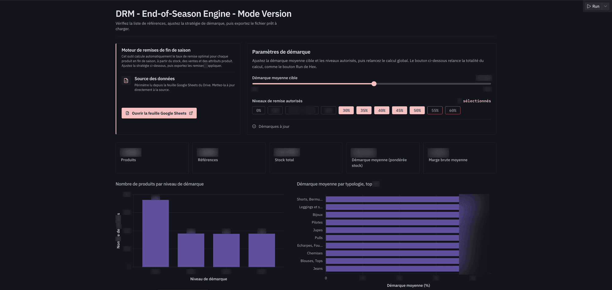 Interface du DRM End-of-Season Engine (chiffres internes Smallable masqués pour confidentialité)